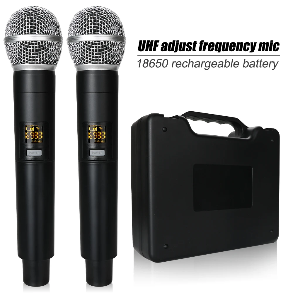 

Wireless Microphone with case Frequency Adjustable 50M Dual UHF 1200mAh Rechargeable Karaoke Microphone for Speech Wedding Show