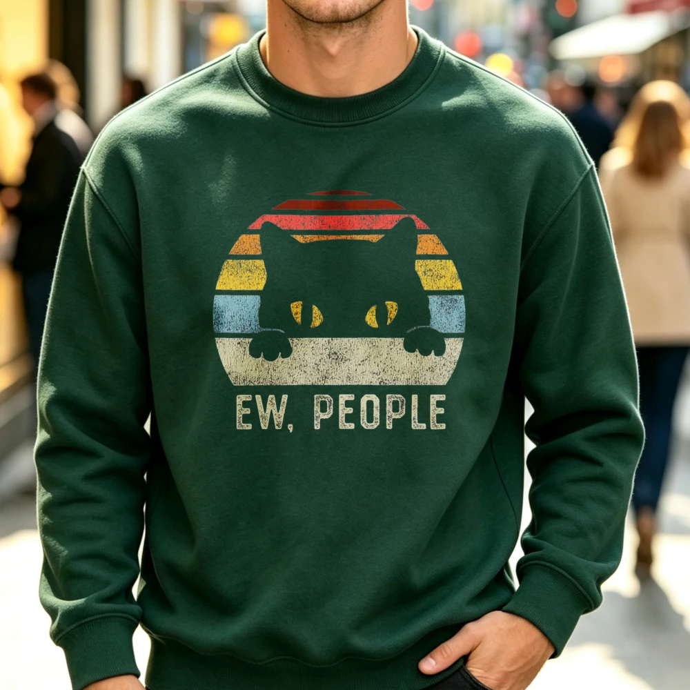 Ew People Retro Cat Vintage Introvert Humor Crewneck Sweatshirt Distressed Graphic Nineties Grunge Aesthetic Thrifted Style Look