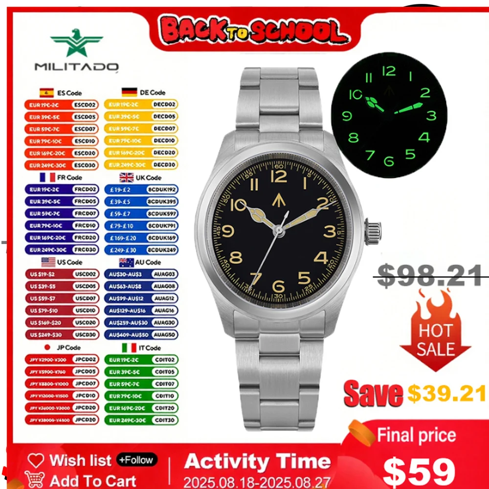 Militado ML08 Military Watch VH31 Quartz Movement Double Sapphire Crystal C3 BGW9 Luminous 10Bar Waterproof 38mm Vintage Watch