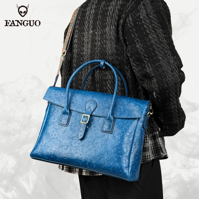14 inch Genuine Cowhide Leather Tote Bag for Men Business Student Laptop Crossbody Shoulder Bag Handmade Briefcase Handbag