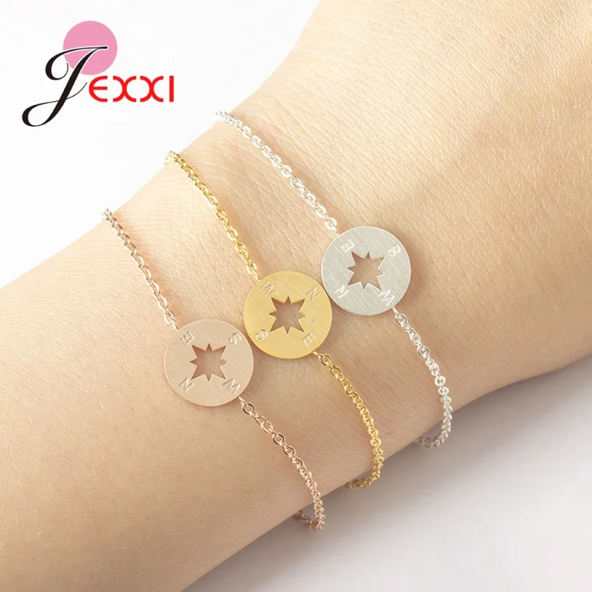 925 Sterling Silver Compass Pendant Bracelets For Women Lover's Rose Gold Color  Round Charm Choker Fine Jewelry Gift