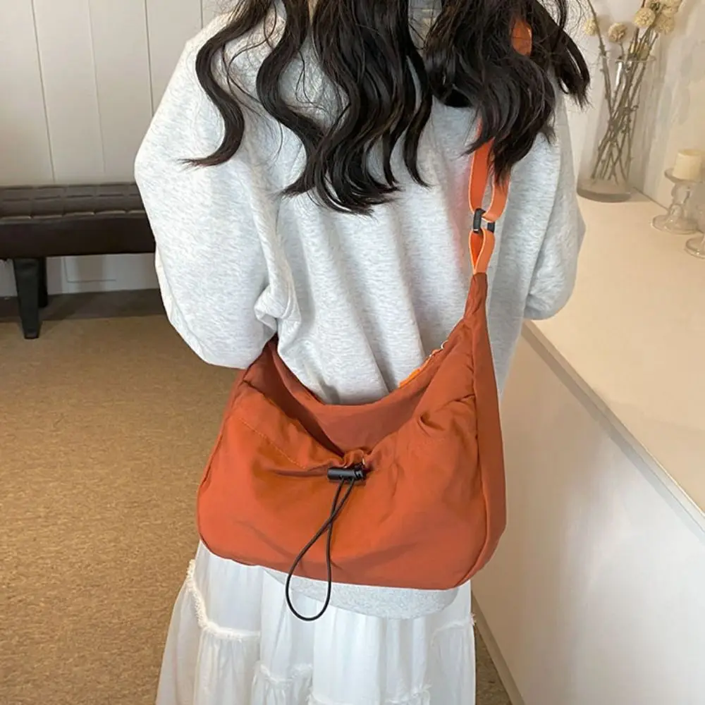 

Solid Color Nylon Shoulder Bag Adjustable Shoulder Straps Nylon Drawstring Bucket Bag Large Capacity Korean Style