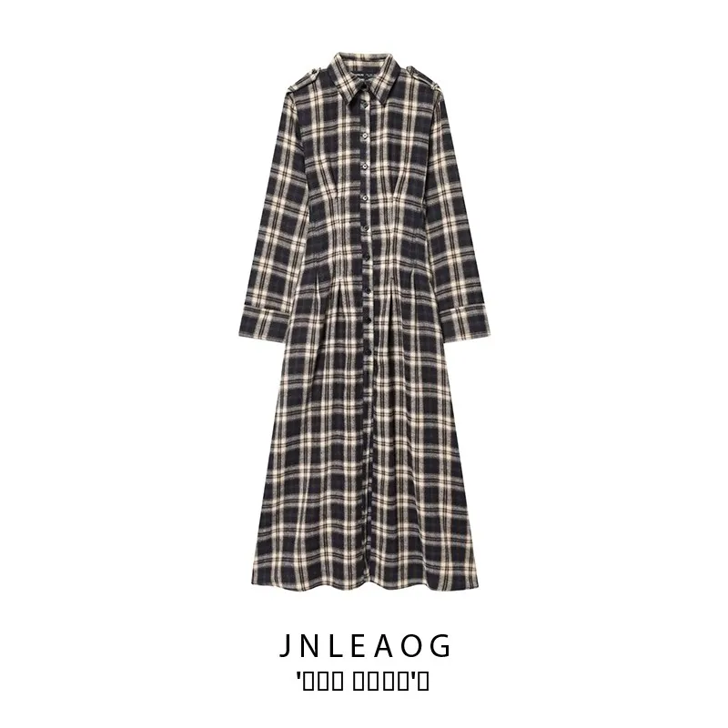 JNLEAOG Herfst Nieuwe Sle vrouwen Midi Dr Ontwerp Ele Gevouwen Plaid Dr Straight Cut Lange Sve Loose Fit Casual Wear