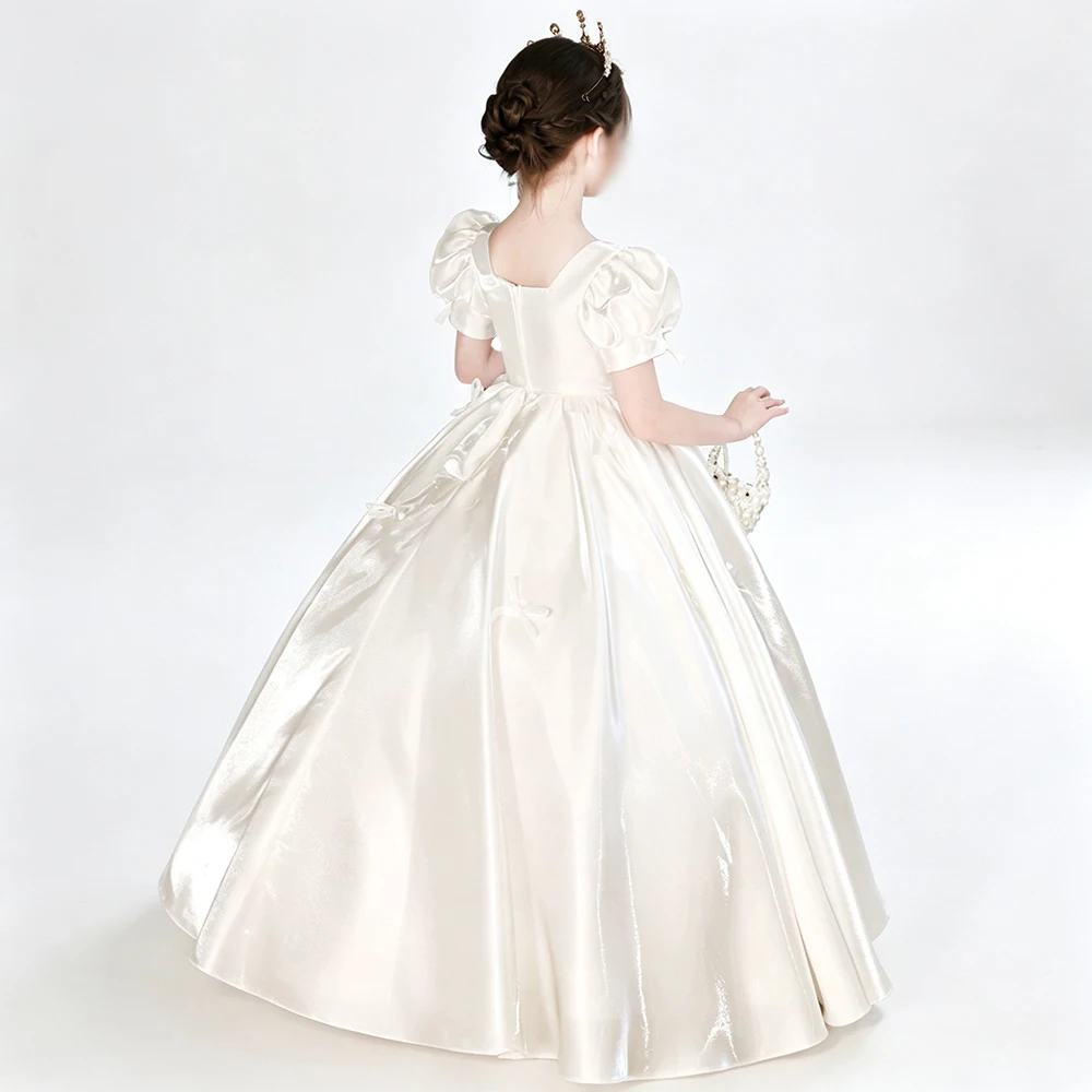 Princess Puff Short Sleeve Front Bow Satin Pageant And Wedding Party Dress For Girls Kids Elegant Evening Prom Birthday Gown