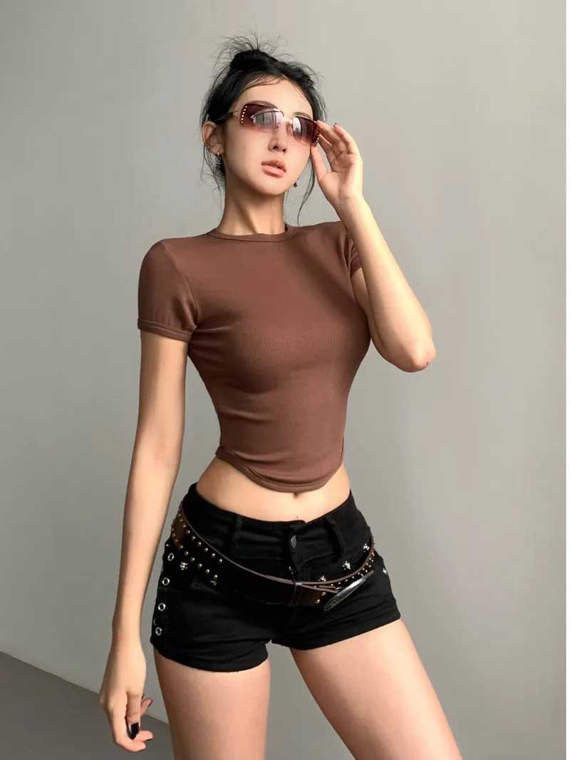 Women's Summer Basic Style Spicy Girl Small Round Neck Solid T-shirt Short Sleeve Irregular Thin Style Slim Short Top D317