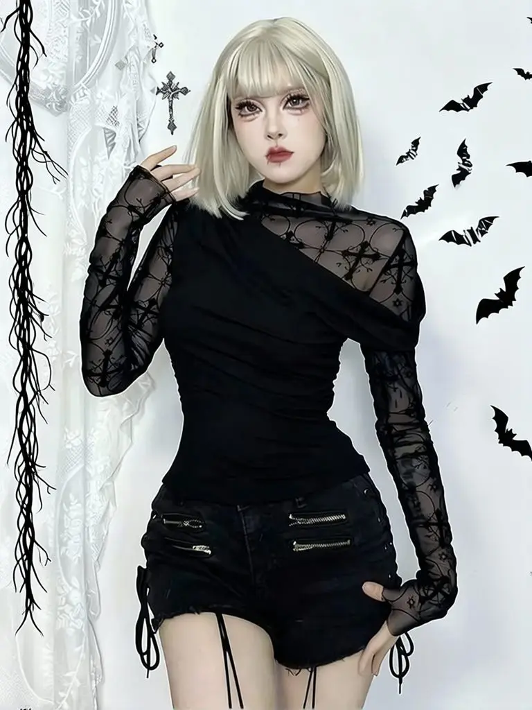 Vintage Gothic Spitzen-Top Damen Langarm T-Shirt Figurbetont Schwarz Patchwork Mehrlagige Oberbekleidung Frühling Herbst Basic Blusen