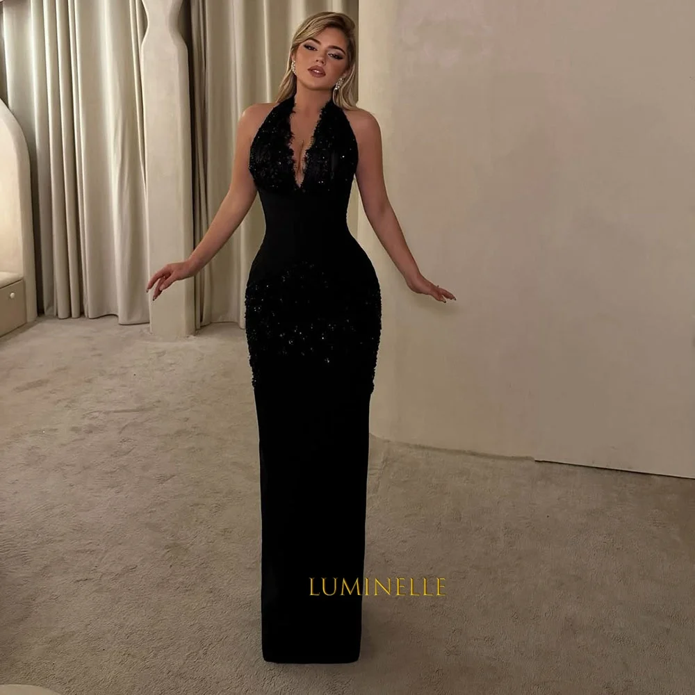 Customized Black Lace فساتين سهرة Sequins Evening Dresses Sleeveless Floor-Length Vestidos De Noiva Halter Neck Mermaid Gowns image 3
