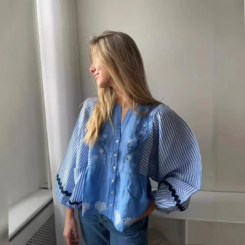 Women 2024 Early Autumn New Blue Striped Contrast Embroidery Lantern Sleeve Round Neck Loose Shirt