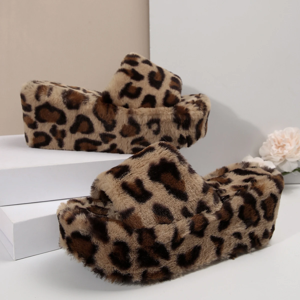 Luxury Leopard Print Fur Slide Mules Woman High Platform Fluffy Sandals Ladies Brand Design Plush Outdoor Slipper Shoes