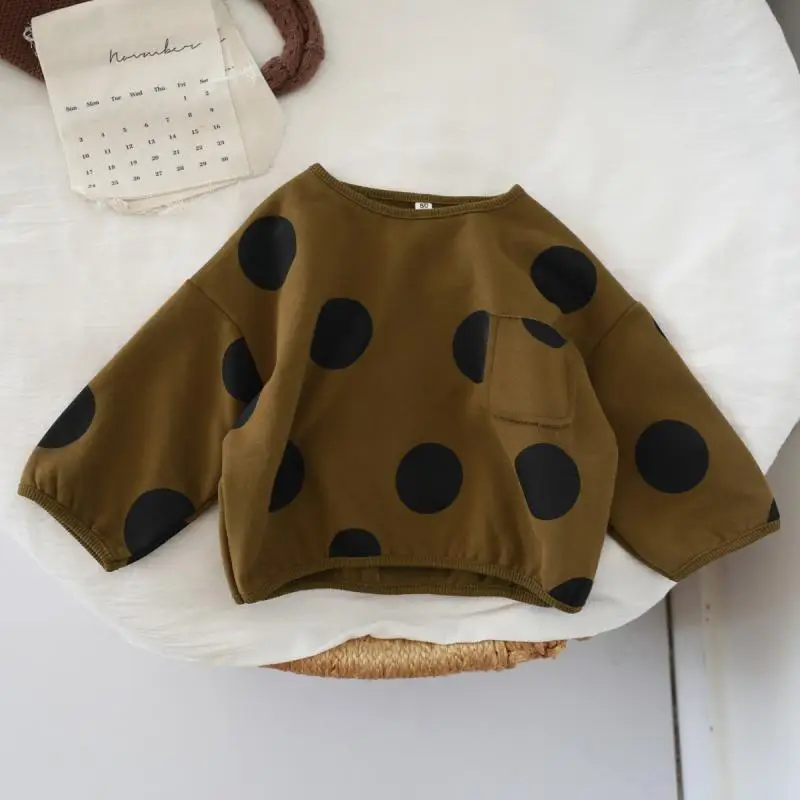 Koreanischer Kinder-Jungen-Sweatshirt aus Baumwolle mit Retro-Punktemuster für Kleinkinder, Basic-Shirts mit lockerem Rundhalsausschnitt, Pullover für Babys und Jungen – Detail 3