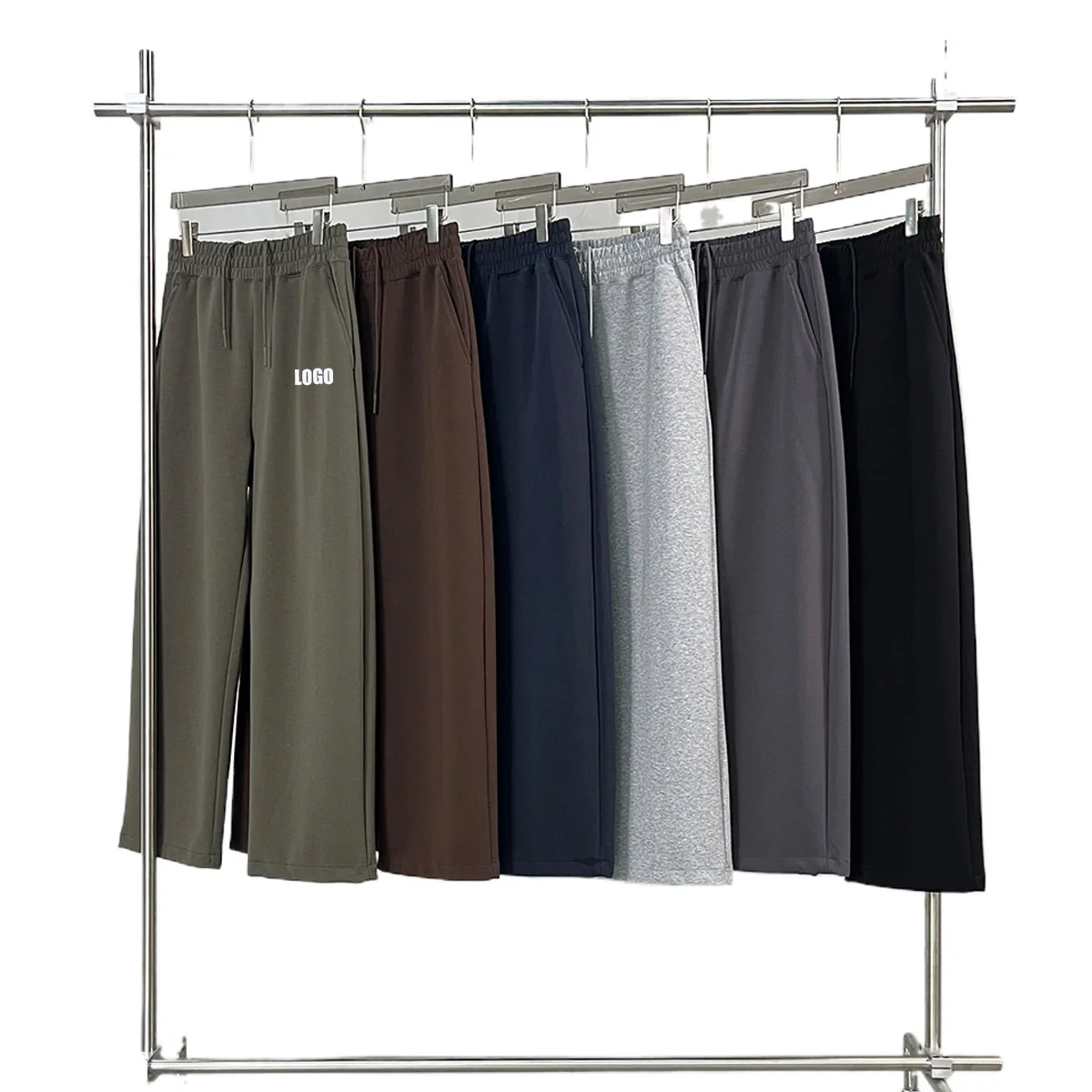 Personalized LOGO custom men's 320G cotton polyester vertical wide-leg pants drawstring elastic waist casual straight trousers