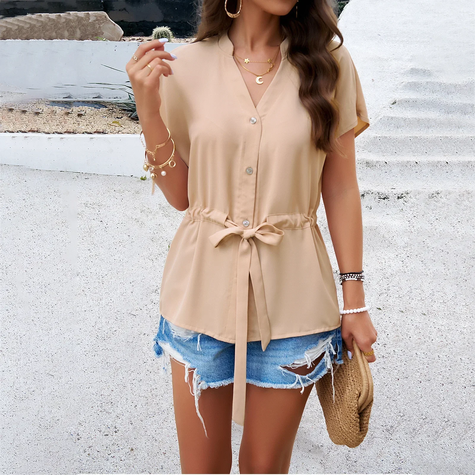 Pop Women Blouses V-neck Business Casual Womens Dressy Casual Blouses Summer Trendy Tops Business Work Button Ropa De Mujer Ofer