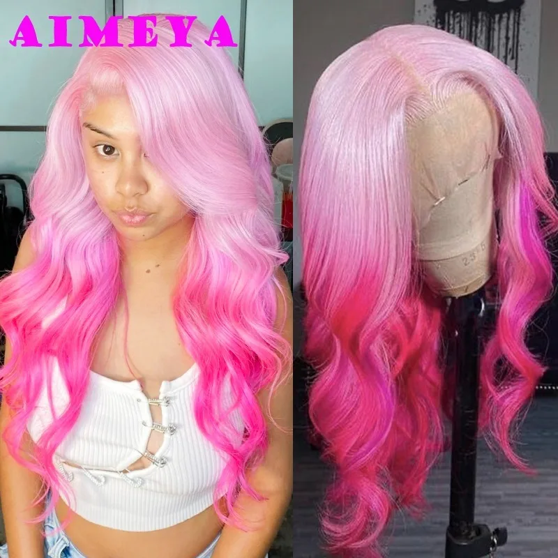 AIMEYA Ombre Pink Lace Front Wig Fashion Synthetic Wig  Long Silky Straight Body Wave Rose Red Wig Halloween Cosplay Makeup