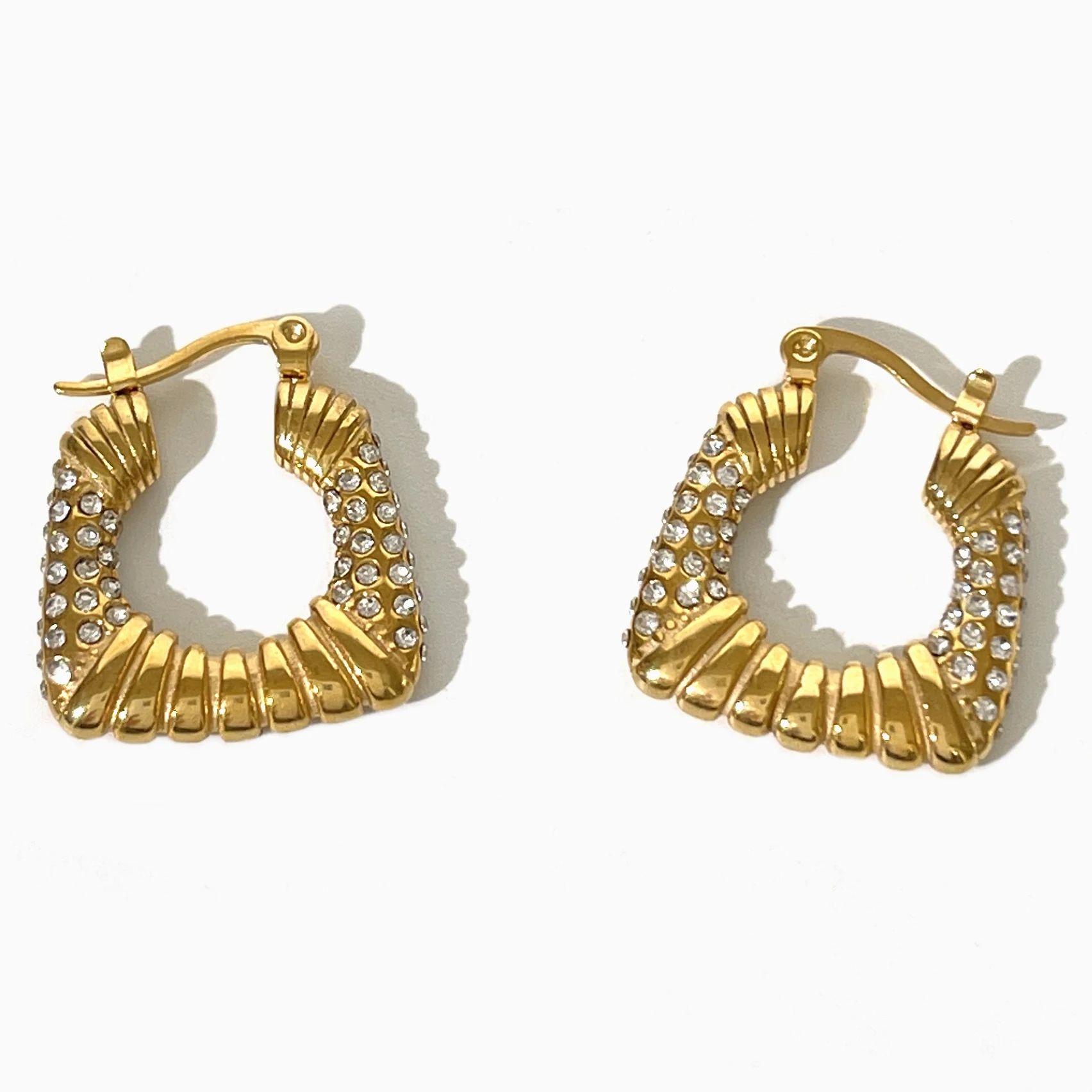 Peri'sbox Non Fade Pave Cz Crystal 18K Pvd Gold Plated Textured Thick Hoop Earrings Women Chunky Unusual Earring Stainless Steel