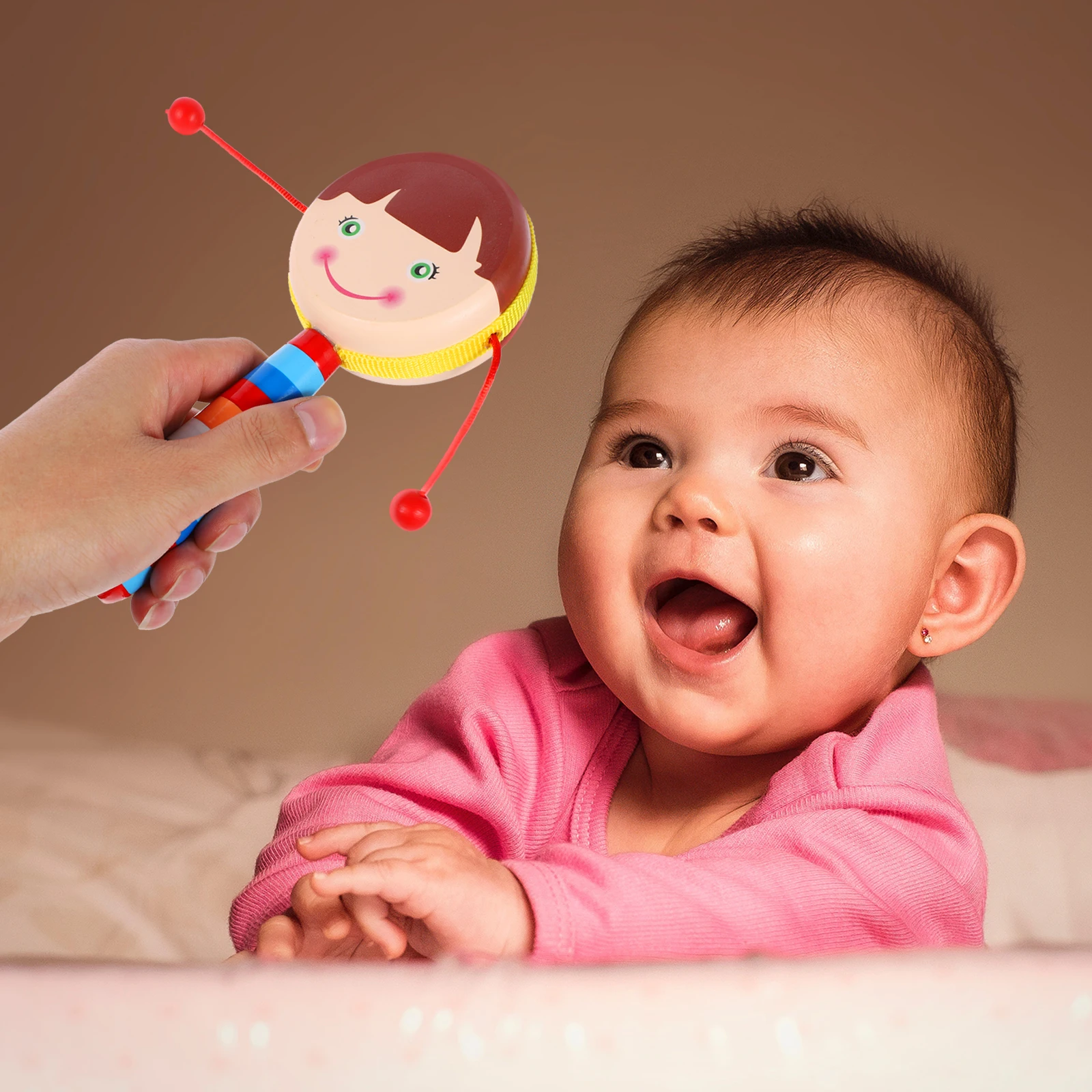 

1pc Wooden Drum Baby Educational Smoothly Polished Safe Musical Plaything Infant Grabbing Christmas Gift