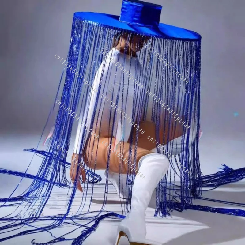 Long Tassel Hat Flowing Fringe Performance Hat for Stage Show Bar Performance Costume Headpiece Photo Studio Shooting Props