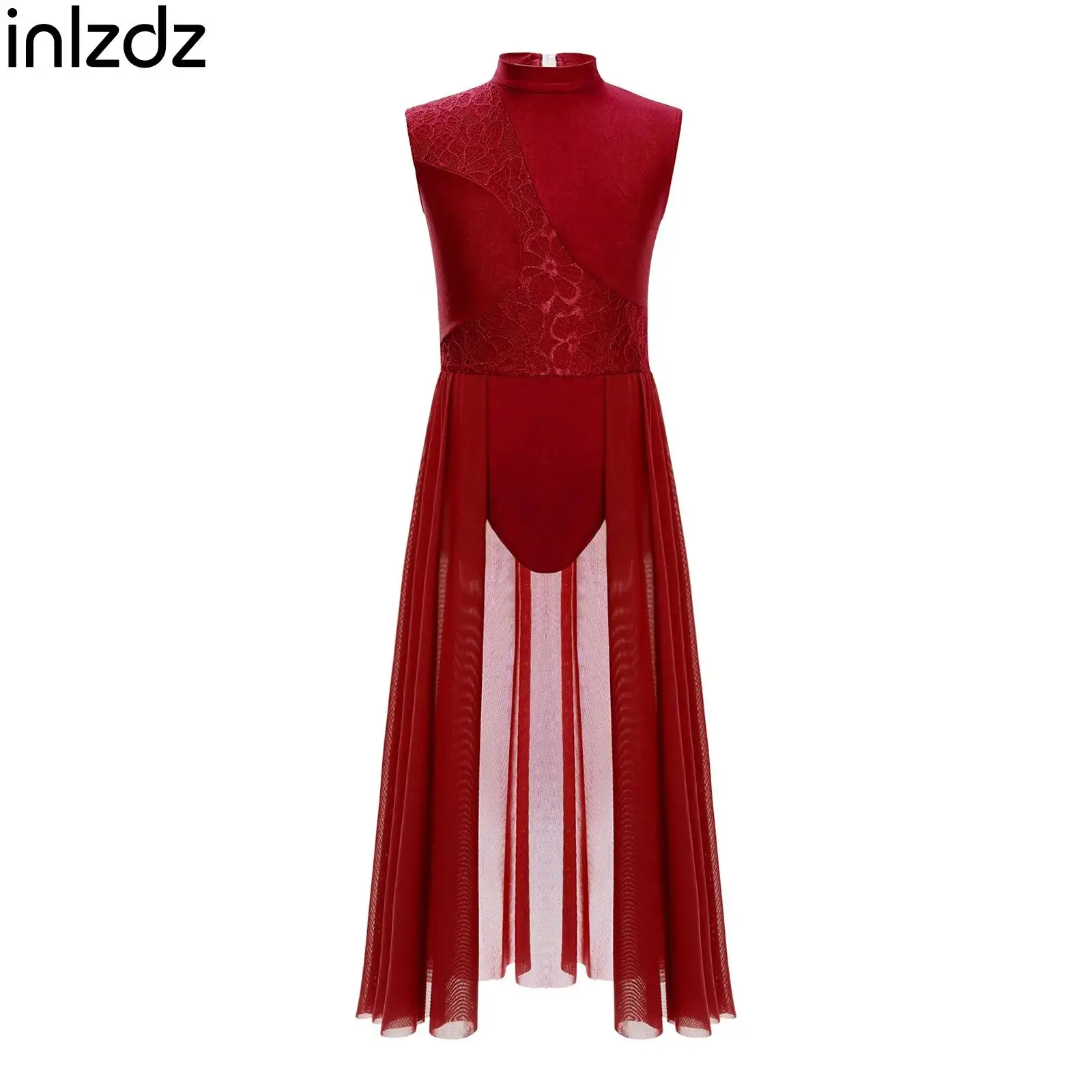 

Kids Girl Lyrical Contemporary Dance Dress Sleeveless Floral Lace Leotard Dress Modern Performance Competition Costume Dancewear