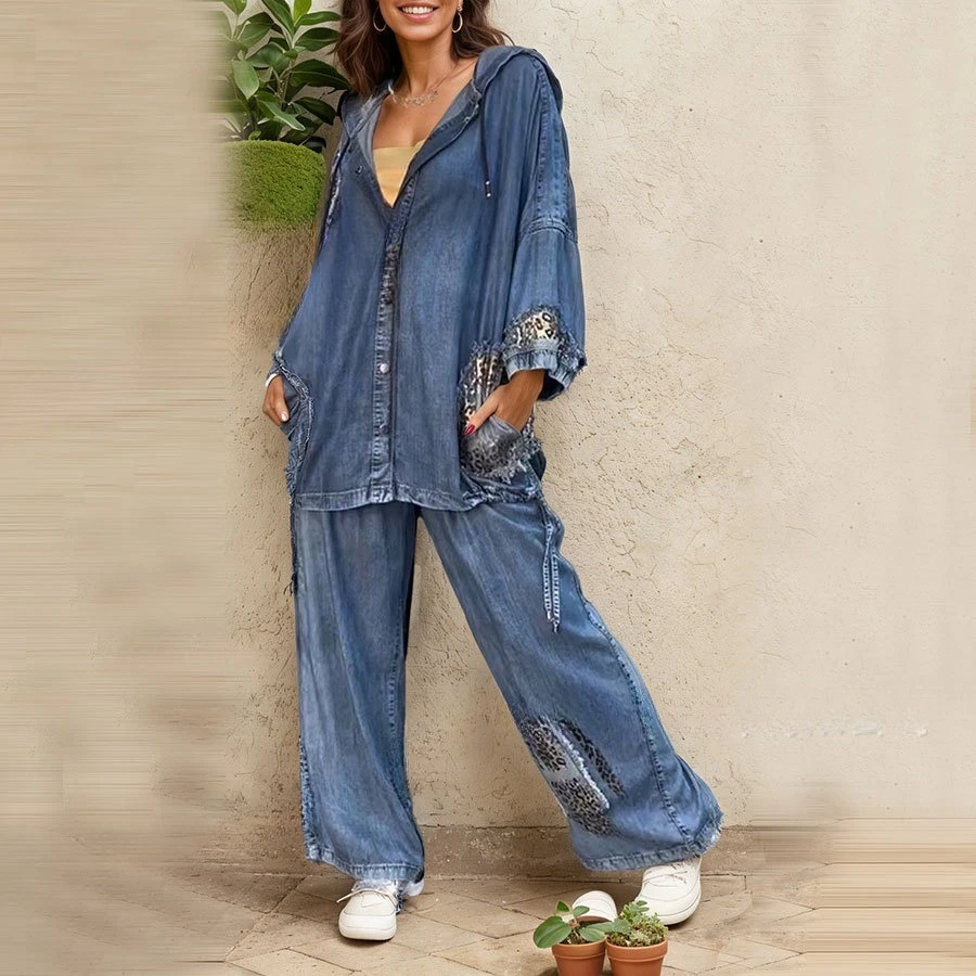 Hooded Denim Jackets Tracksuit Pant Sets Women Washed Coat Outerwear Cardigan Straight Ankle Length Pants Jean Loose Casual