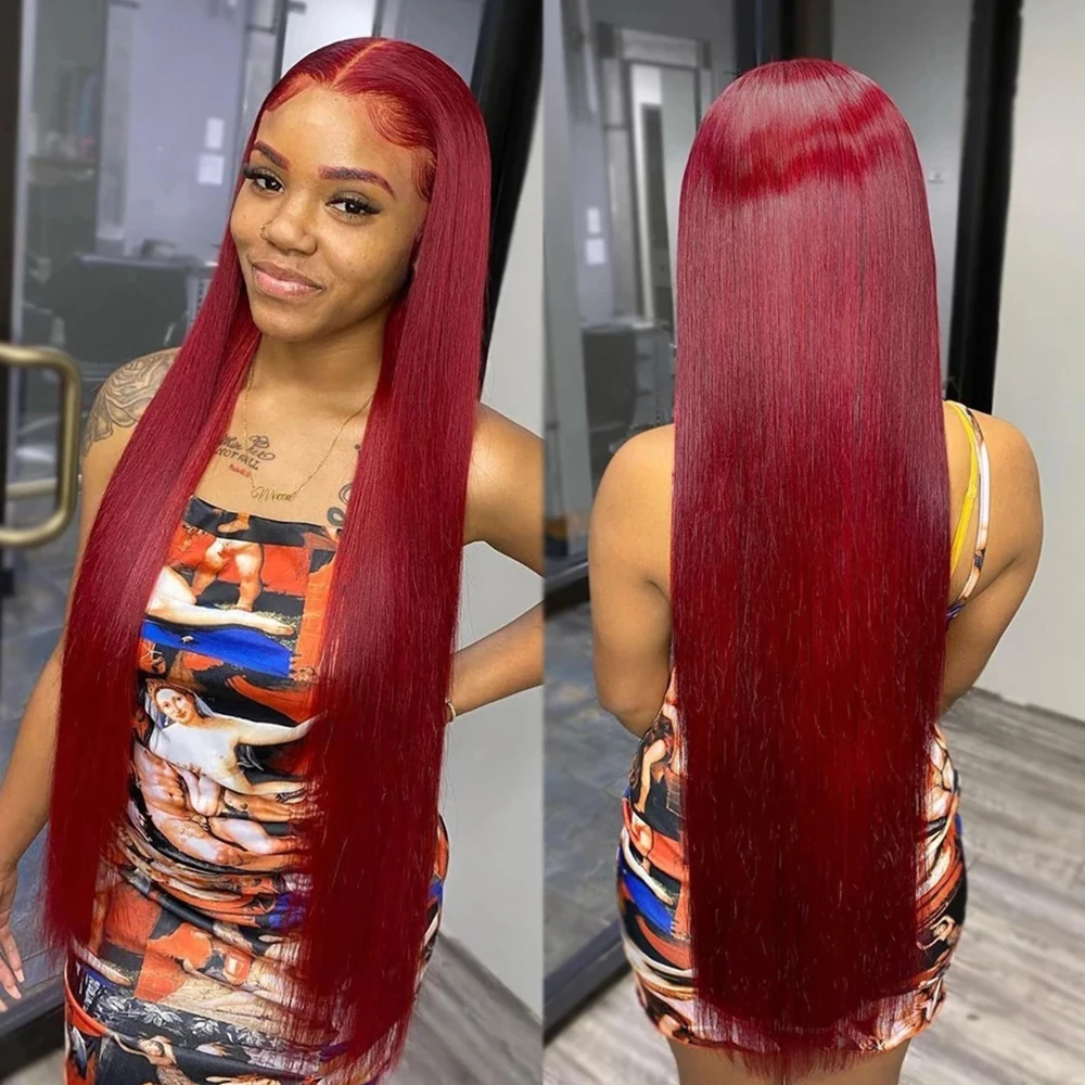 

99j Burgundy 13x4 13x6 Full Frontal Lace Brazilian Preplucked Colored Straight Frontal Wigs HD Transparent Lace Human Hair Wigs