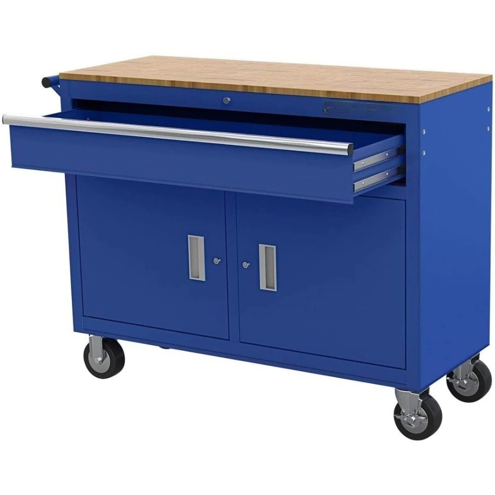 Banco de trabalho móvel personalizado de 46 polegadas com tampo de madeira maciça, azul