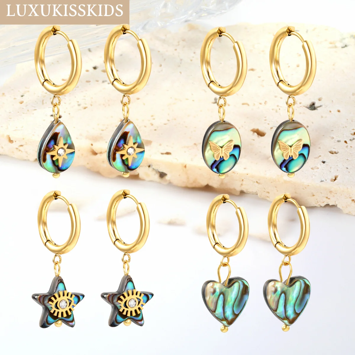 LUXUKISSKIDS-pendientes de gota góticos Y2K, concha de abulón ovalada con dijes de mariposa, colgantes geométricos en forma de corazón/estrella, Clips colgantes