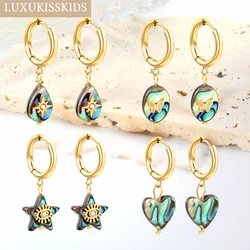 LUXUKISSKIDS Gothic Y2K Drop Earrings Oval Abalone Shell with Butterfly Charms Pendients Geometric Heart/Star Shape Dangle Clips