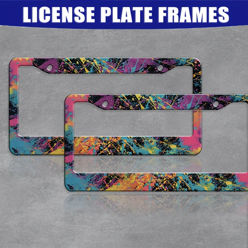 2Pcs Colorful Paint Splatter License Plate Frames Vibrant Multicolor Graffiti Splash Pattern Abstract Art Style Universal