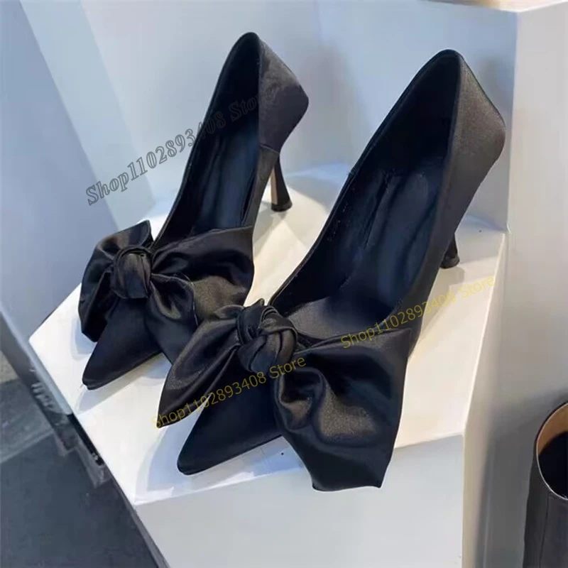 

Black Color Satin Butterfly Knot Shallow Pumps Solid Pointed Toe Stiletto High Heel Women Shoes Fashion Sexy Zapatos Para Mujere