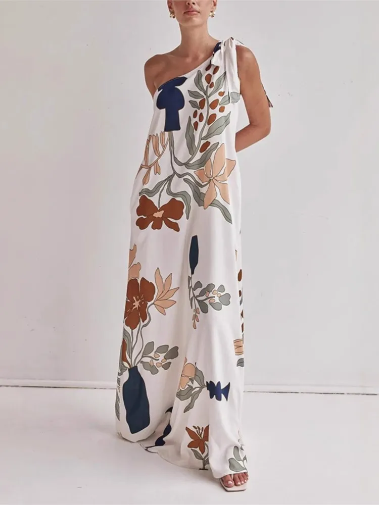 

2025 Sexy Vestidos Para Mujer Slanted Neck Strapped Dress For Women Summer Fashion Printing Loose Casual Vacation Long Dresseses