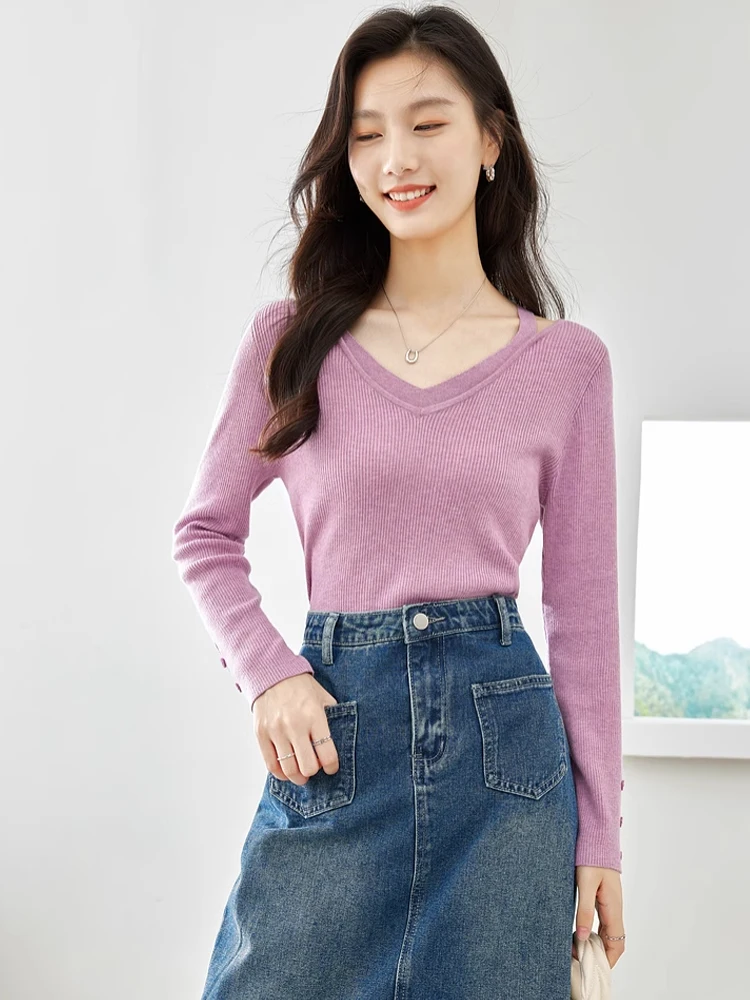 Vimly Wool Blend Long Sleeve Knitted Top V-neck Jumpers Woman 2024 Spring High Strecth Pullover Sweater Female Knitwear 72853