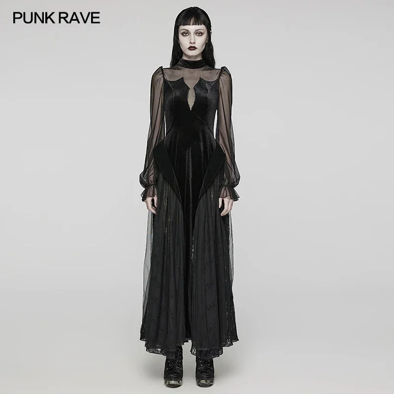 PUNK RAVE Women's Gothic Elastic Velvet & Mesh Lace Long Dress Party Club Oversized Wavy Hem Black Women Dresses