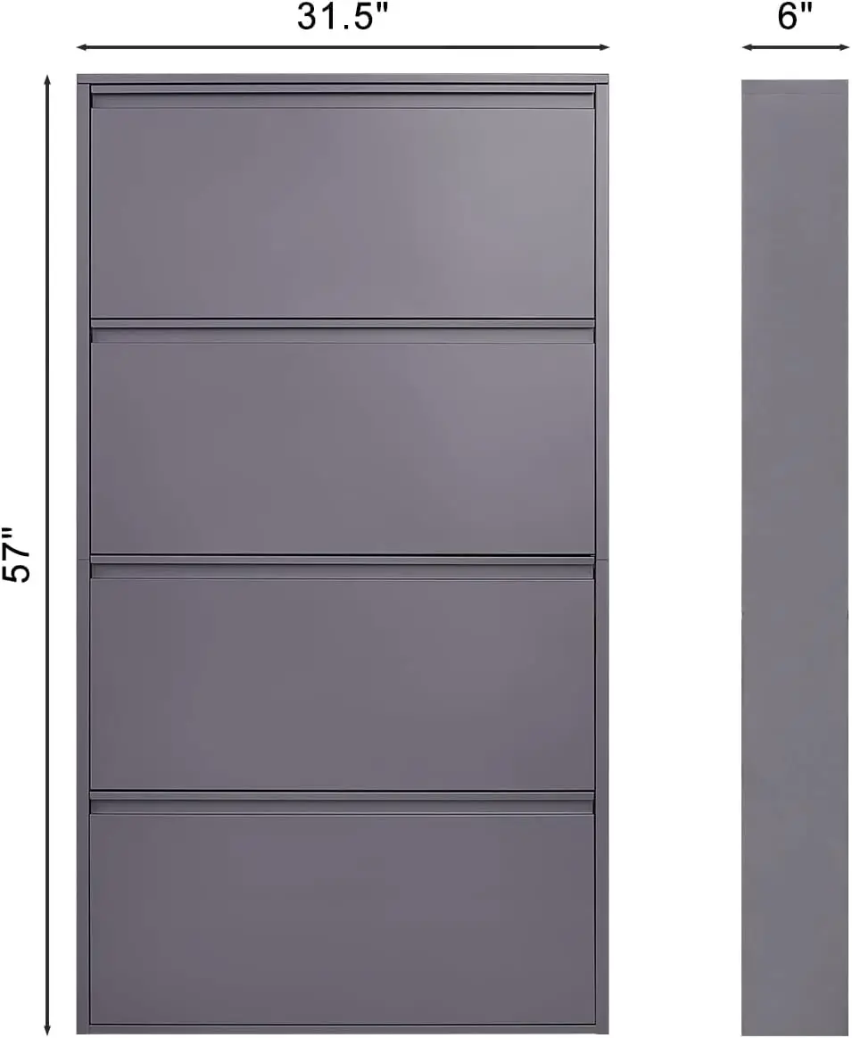 Steel Shoe Cabinet with 4 Flip Drawers, Wall Mount Metal Shoe Organizer for Entryway, Flip Drawer Steel Shoe Rack Cabinet