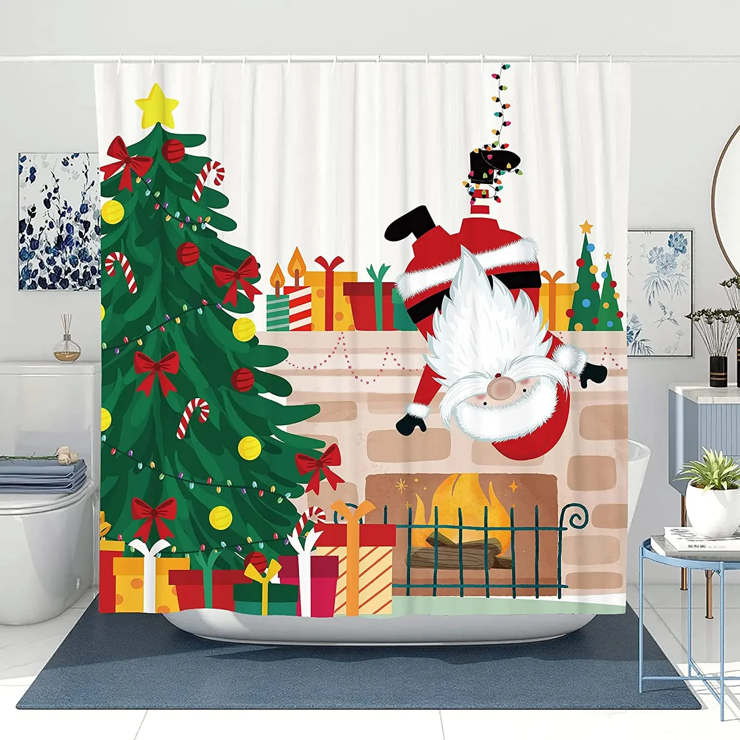 Winter Holiday Theme Merry Christmas Upside Down Santa Claus To Send A Surprise Design Shower Curtain Bathroom Decor With Hooks