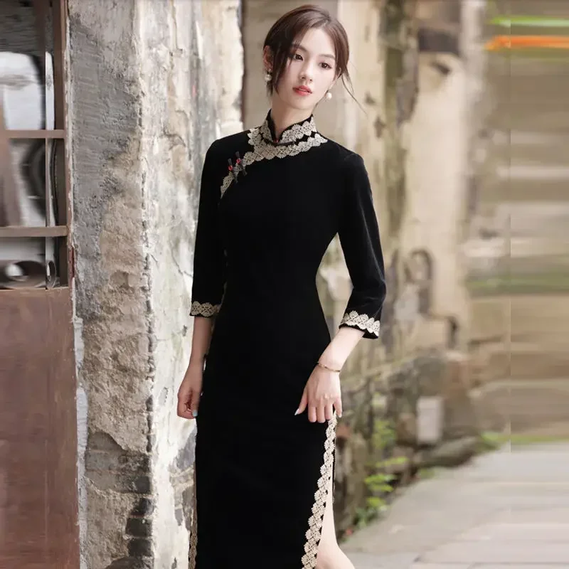 

Velvet Cheongsam 2021 New Autumn Young Retro Chinese Style Black Improved Cheongsam Qipao Elegant Daily Dress