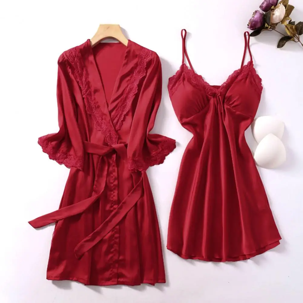 2 Pcs/Set Pajama Set Lace Patchwork Bow Decor Silky Lace-up Tight Waist Loose Long Sleeve Nightgown Split Nightdress Set