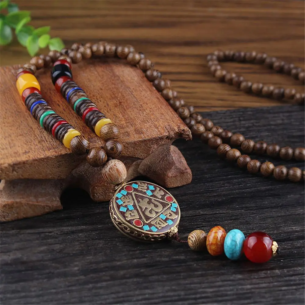 Boho Wooden Beaded Necklace Long Sweater Dress Handmade Pendant Chain Tassel Fashion Bohemian Necklace Jewelry Women