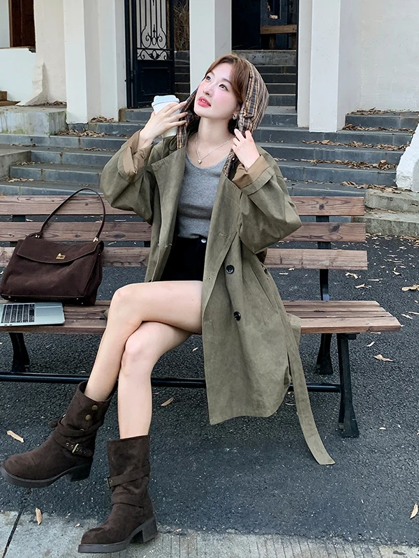 

Женское демисезонное пальто в клетку с капюшоном в военном стиле, средней длины, новинка 2025 года, корейский стиль, с утяжкой на талии, для повседневной носки