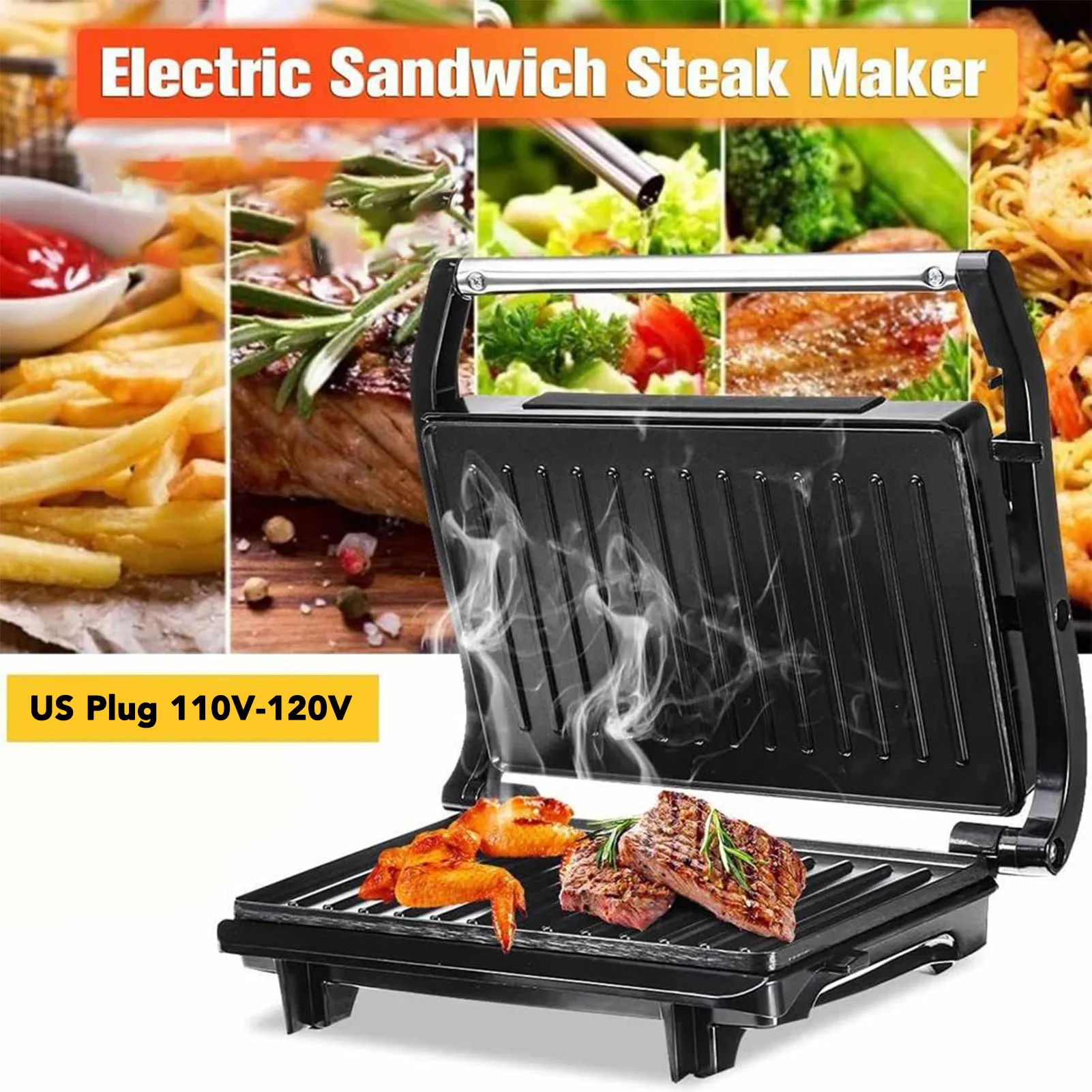 Chapa elétrica para bife, dupla face, plugue americano, 110v-120v, alumínio, aquecimento rápido, sanduicheira elétrica, grelha para fazer café da manhã