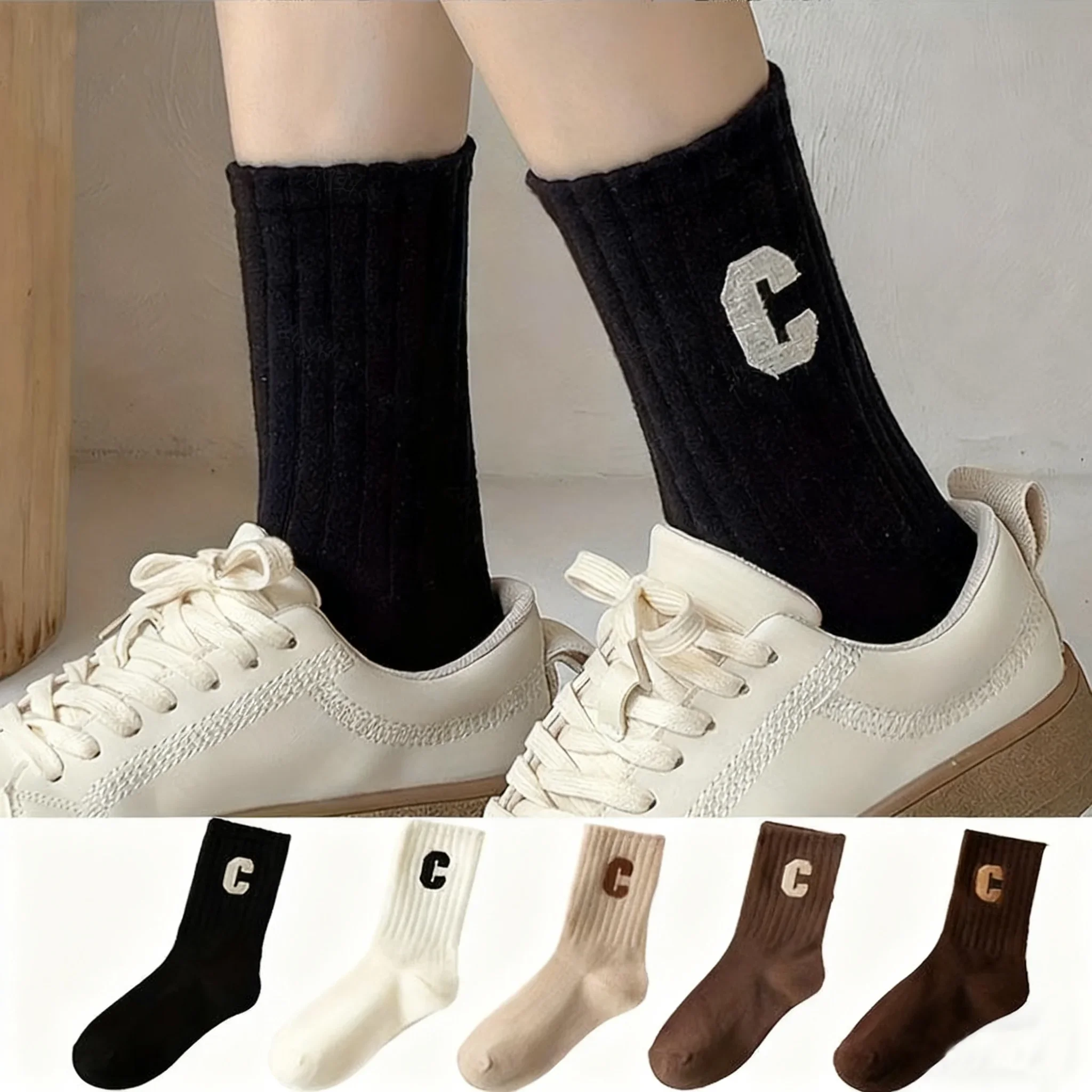 

1 пара зимне-осенних носков до середины икры с буквенным узором, вязаные спортивные носки на открытом воздухе для мужчин и женщин, дышащие теплые эластичные носки для бега