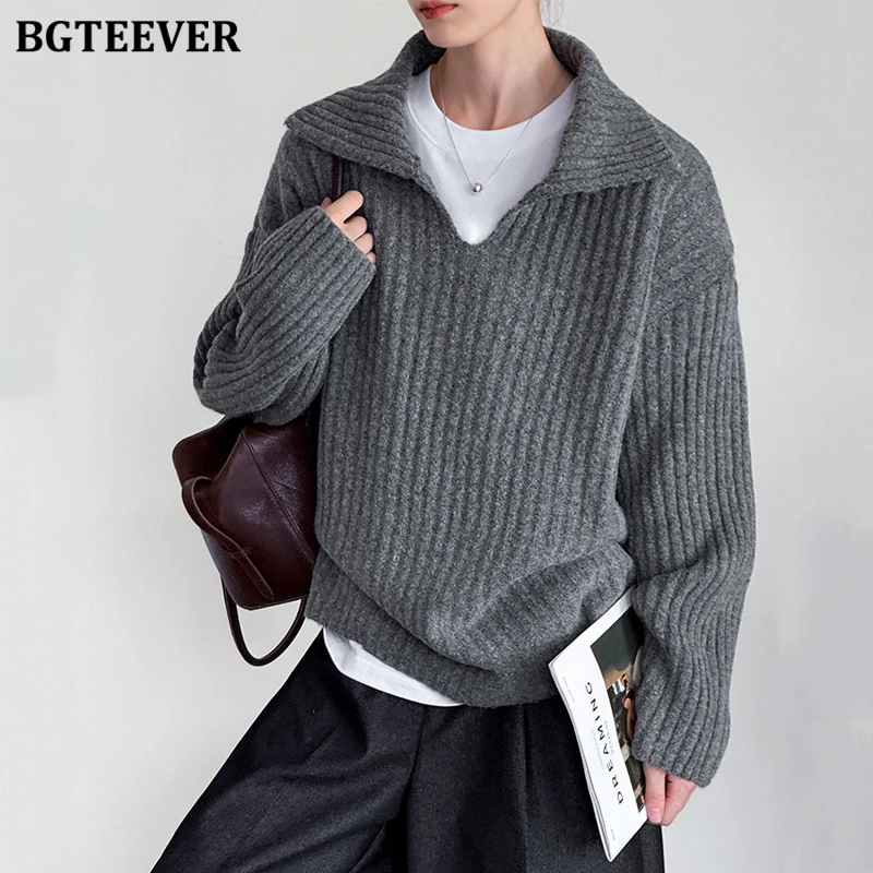 

BGTEEVER осень-зима женские пуловеры с лацканами, свитера, стильные теплые вязаные джемперы на шнуровке для женщин