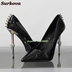 Sexy Black Metal Heels Pumps Pointed Toe Stiletto Heels Rivets Shallow High Heels Banquet Party T Stage Catwalk Women'S Shoes 43