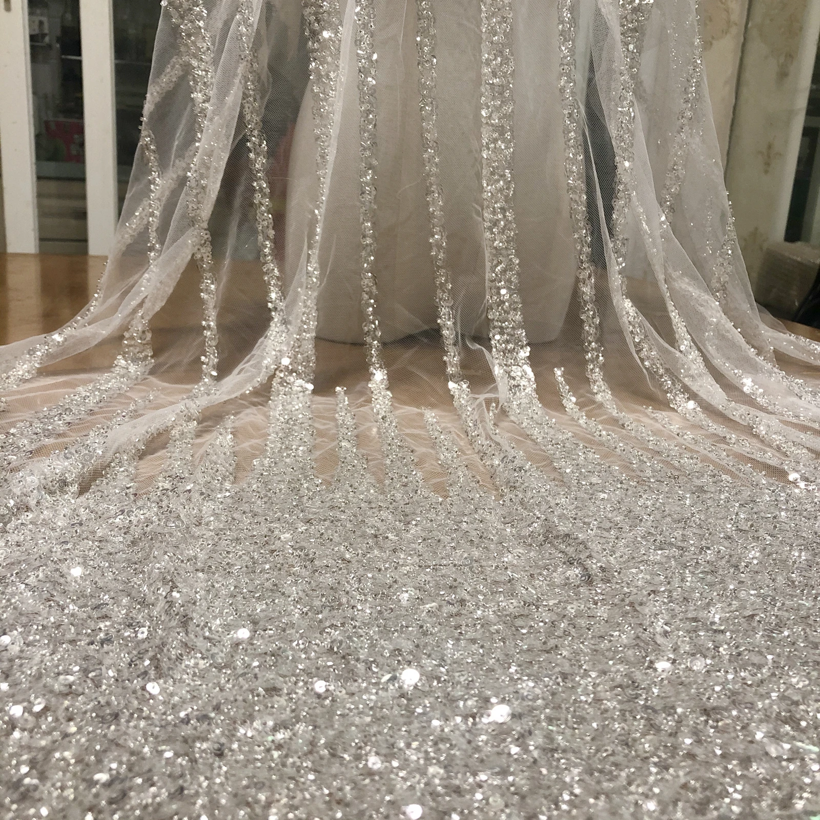 

Luxury Heavy Sequin Silver Beads Tulle Embroidered French Lace, Wedding Evening Dress Fashion Clothing Dress Fabric