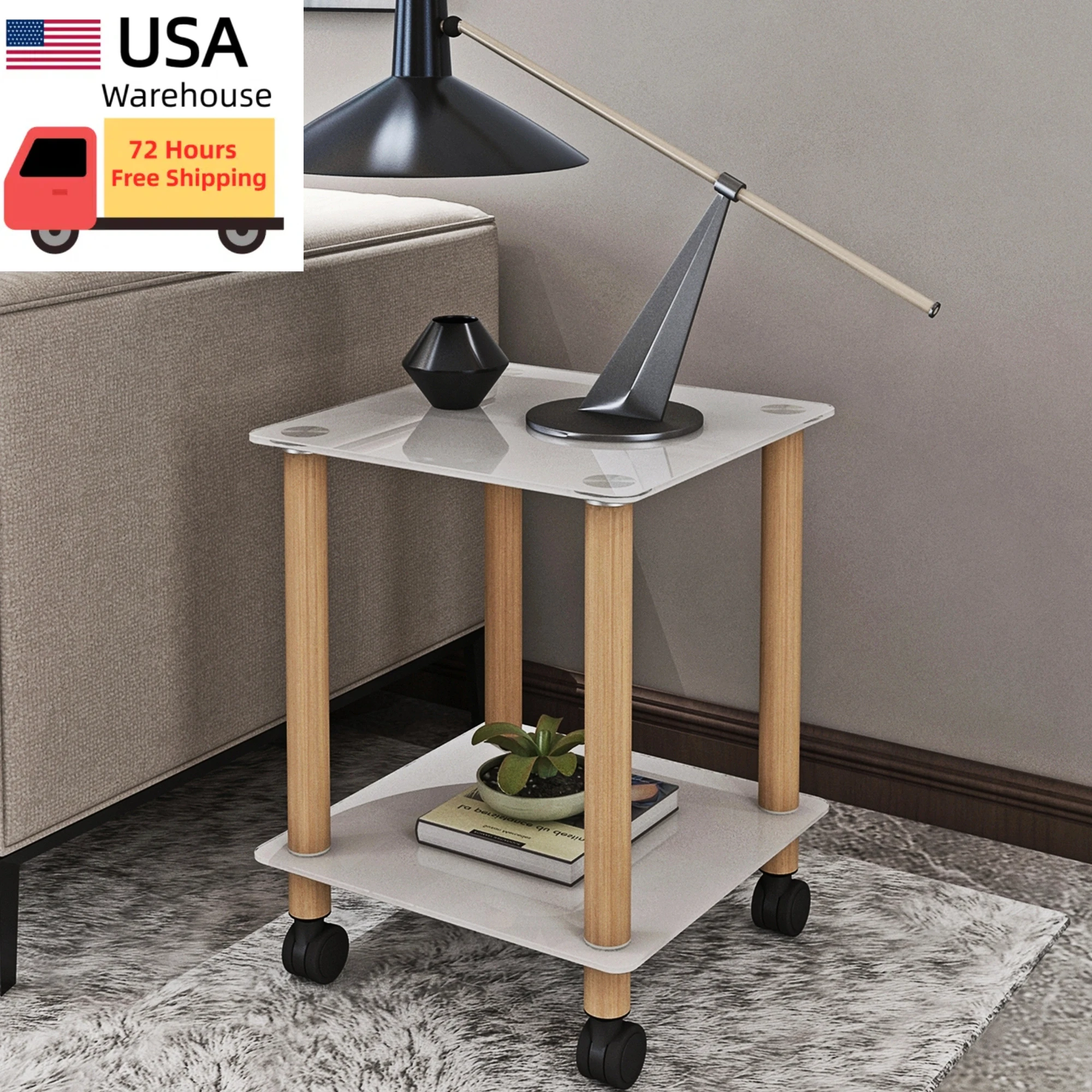 

New Design Tempered Glass Sofa Table White+Oak Side Table with Wheels Living Room Furniture