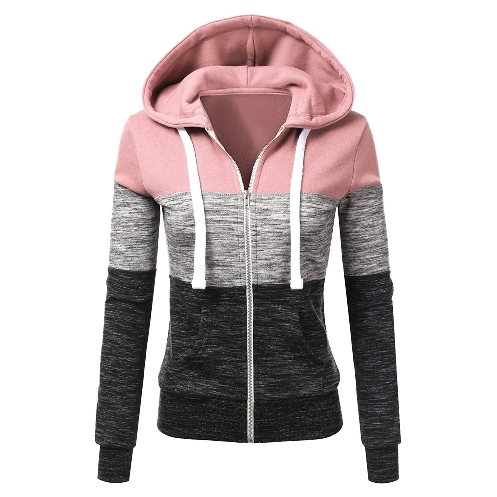 2024 Women\'S Patchwork Hoodies Casual Slim Zipper Coat Outdoor Autumn Winter Jacket Sport Fashion Long Sleeve Hooded Pullover