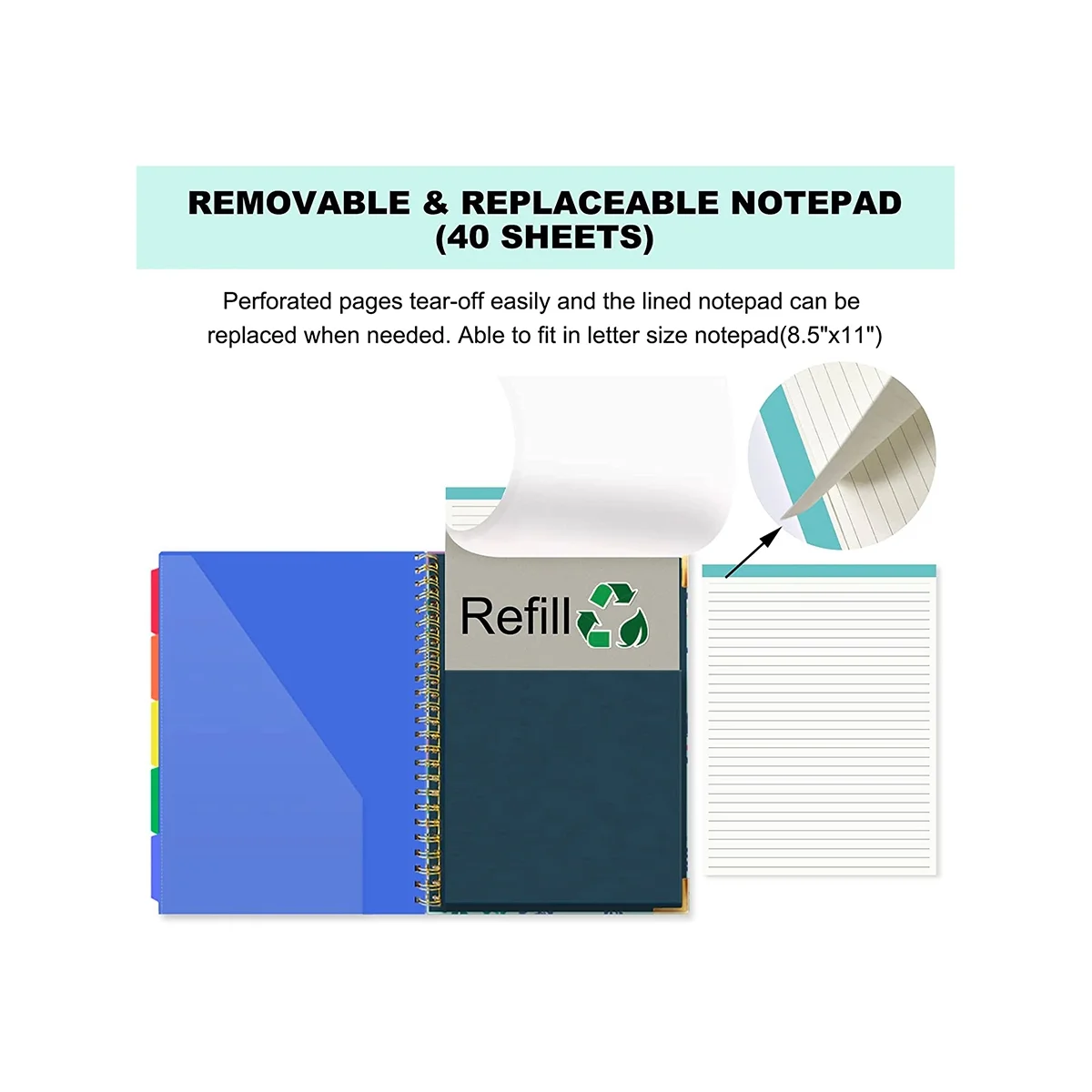 Spiral Clipboard with Refillable Lined Notepad for Size(11.5X8.5Inch), 5 Extra Colour Storage Dividers with 10 Pockets B