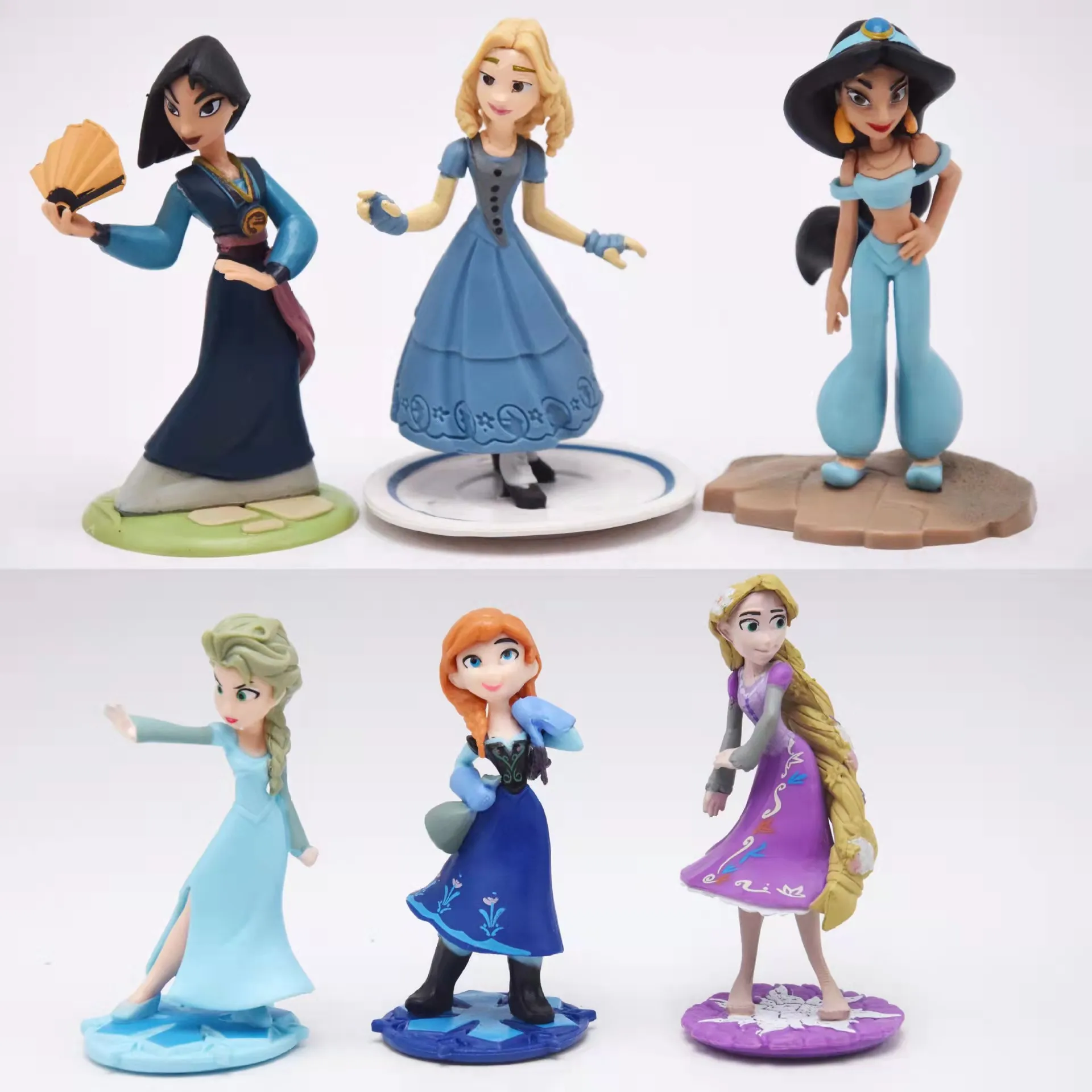 6pcs/set Anime Disney Princess Frozen Elsa Anna Jasmine Rapunzel Cartoon PVC Action Figures Handmade Model Adorable Toys Gifts