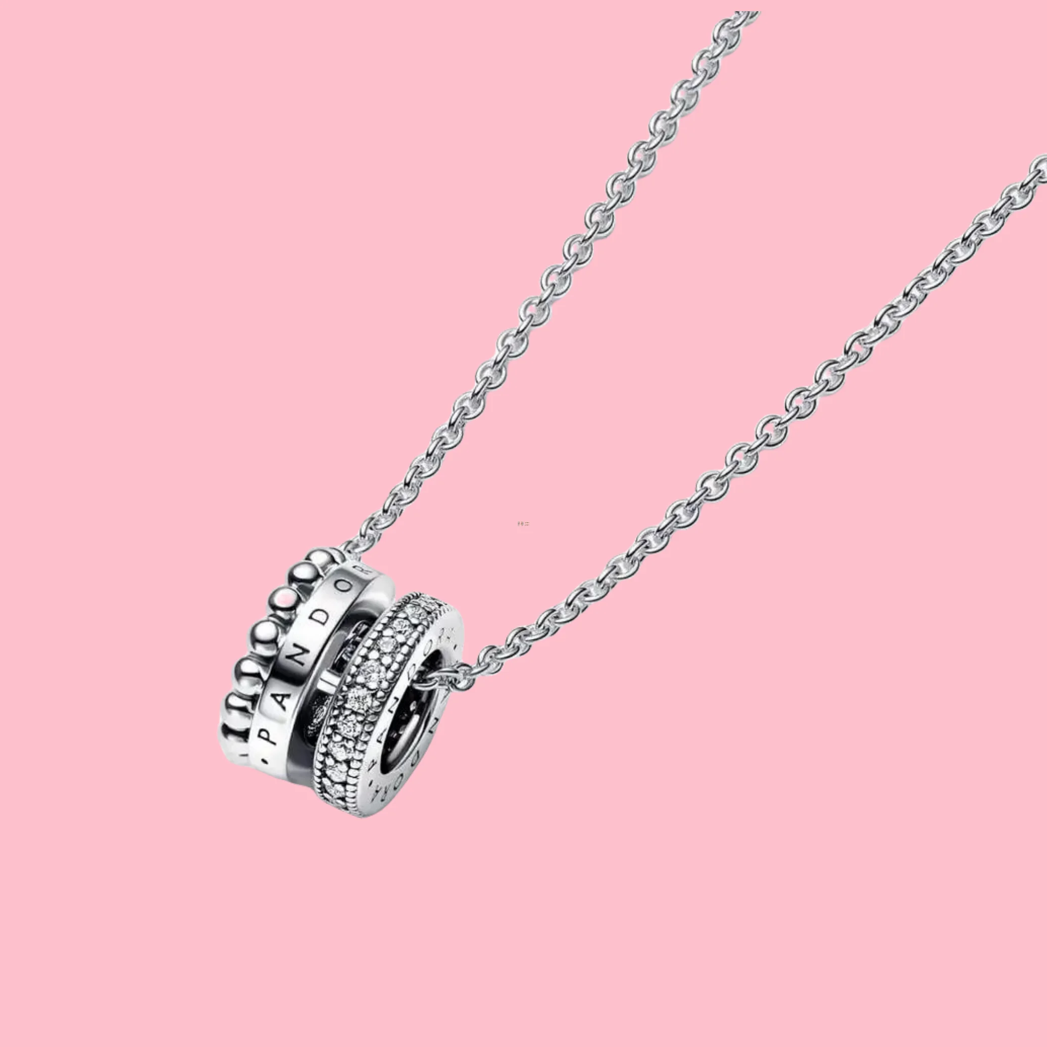 Pandora 925 Silver Signature Logo Pavé & Beads Pendant Necklace Fit For Women's Birthday Gift With Cloth Bag