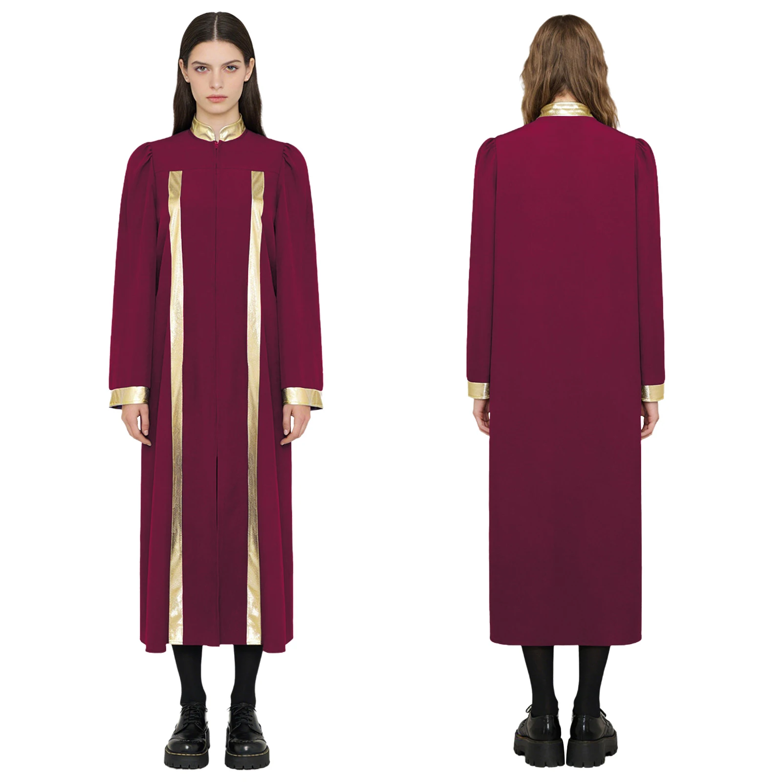 

Womens Church Choir Robe Metallic Shiny Mock Neck Long Sleeve Front Button Graduation Gown for Halloween Judge Pastor Cosplay