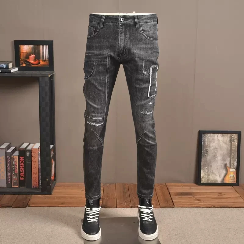 

Fashion Street Wear Men's Jeans Vintage Purple Black Elastic Slim Fit Spliced Bicycle Jeans Homme Patch Designer Elastic Hip Hop