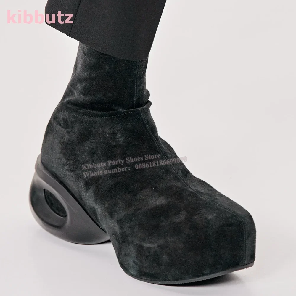 Suede Stretch Ankle Boots Runway Show Fashion Sexy Women Shoes Newest Side Zipper Low Square Heel Round Toe Skinny Solid Color
